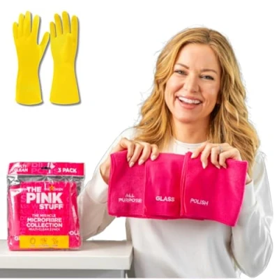 Image of Kevagh The Pink Stuff. Miracle Microfibre Cloth Collection Multi Clean 3 Pack &amp; 1 Pair of Yellow Household Gloves All Purpose Reusable Cleaning Bundle