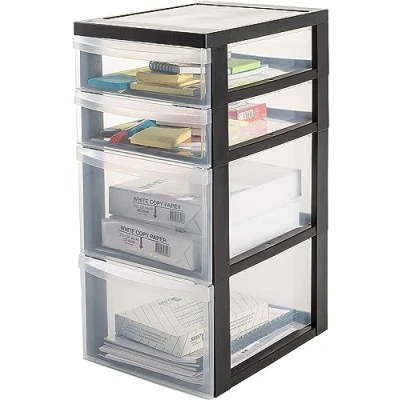 Image of Iris Ohyama, Plastic Drawers Storage Unit, Drawers, A4 Format &amp; 4 Wheels, H61.5cm/4 Mix, BPA Free, Black, W40 x D29 H61.5cm, DC 322