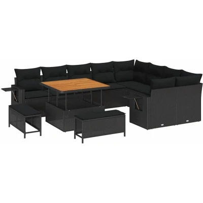 Image of vidaXL 12 Piece Garden Sofa Set with Cushions Black Poly Rattan Acacia