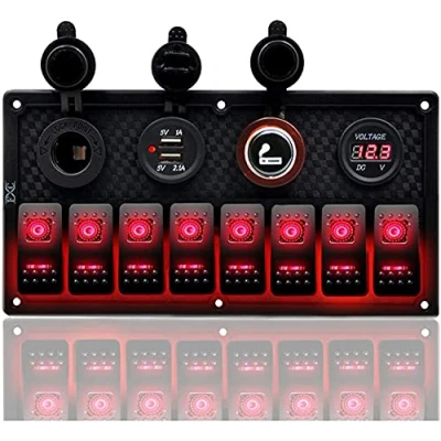 Image of Geloo 8 Gang Toggle Rocker Switch Panel, 12V/24V Waterproof Control Panel Digital Voltage Display Cigarette Lighter Dual USB Charger Port for Car, Boat, RV, Truck (Red)
