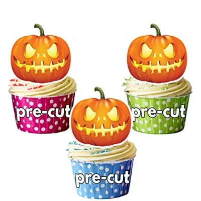 Image of AK Giftshop PRE CUT Halloween Glowing Pumpkins Edible Cupcake Toppers/Cake Decorations (Pack of 12)