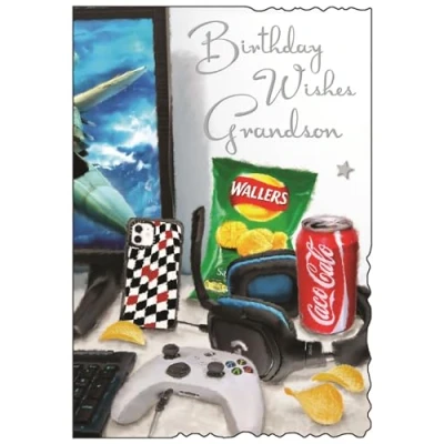 Image of Grandson Birthday Card Gaming Design Special Finishes and Illustrated Insert Leaf Made in the UK
