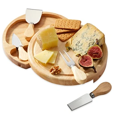 Image of Occasion Wooden Round Cheese Board and Knife Set, Integrated Swivel Drawer Gift Boxed