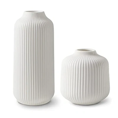 Image of flature Ceramic Vases in Nordic Style, Modern Vase Deco for Pampas Grass, Boho Windowsill, Set White Matt, Flower as Home Decoration Fresh Flowers, Dried of 2