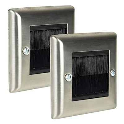 Image of Ex Pro 2 Pack Brush Wall Plate, Single Gang Steel Flush Mounted Faceplate for Outlets, Sockets and Tidy Wire Cable Silver