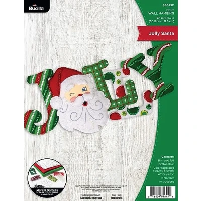 Image of Bucilla Felt Applique Wall Hanging Kit, Jolly Santa, Perfect for Holiday DIY Arts and Crafts, 89645E, Red