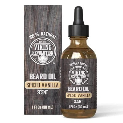 Image of Viking Revolution Beard Oil All Natural Variety For Men With Argan &amp; Jojoba Oils Softens, Smooths Strengthens Gifts Spiced Vanilla 30 ml