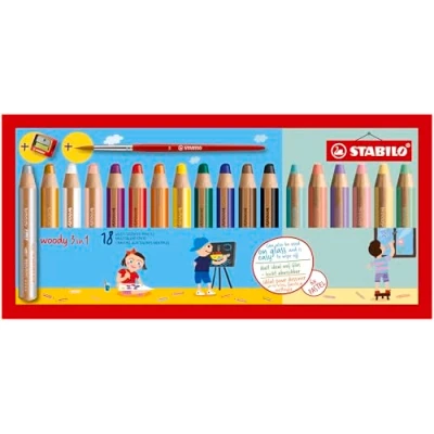 Image of Multi Talented Pencil STABILO woody 3 in 1 Pack of 18 Assorted Standard and Pastel Colours with Sharpener Paint Brush