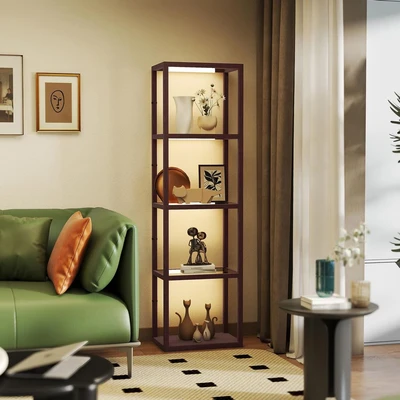 Image of Led Floor Lamp with Glass Shelves, Dimmable Living Room Lamp, Brown Homcom