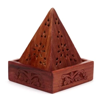 Image of Puckator Sheesham Wood Pyramid Incense Cone Box with Flower Fretwork Spiritual Zen Gothic Incensé Insence Sticks Cones Holder Burner Home Aesthetic Yoga Room Decor Accessories Gift