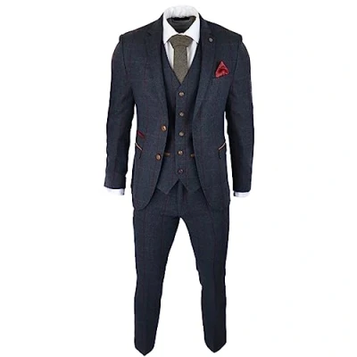 Image of Mens Herringbone Tweed 3 Piece Navy Red Check Suit Vintage 1920s Tailored Fit 36