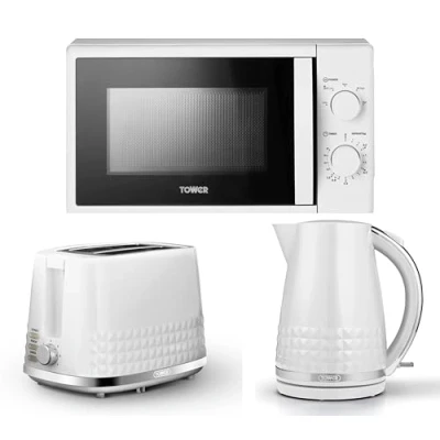 Image of Tower Solitaire White 1.5L 3KW Jug Kettle, 2 Slice Toaster &amp; T24034WHT 700W 20L Manual Microwave. Matching Modern Design Kitchen Set in