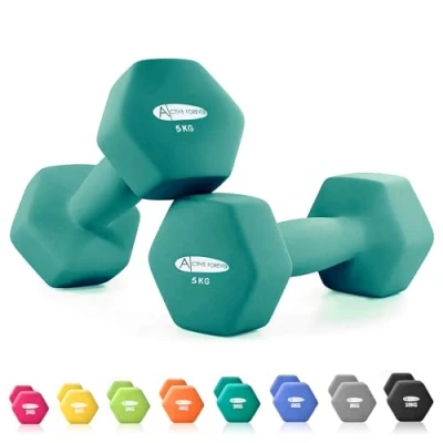 Image of ACTIVE FOREVER Dumbbells 2x5kg, Set of 2, Hex Pair, Neoprene Waterproof Non slip Dumbells (Dark Green)