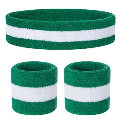 Image of ONUPGO Kids Sweatbands Headband Wristband Set Athletic Cotton Sweat Band for Sports (1 + 2 Wristbands) (Green/White/Green)