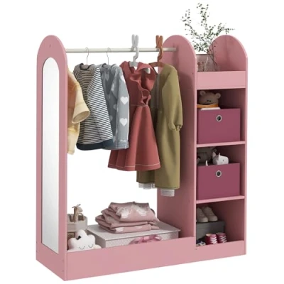 Image of AIYAPLAY Kids Clothes Rail, Dress Up Rail with Storage Shelf, Boxes, Mirror, Kids, Wardrobe for Bedroom, Room, Nursery, Pink
