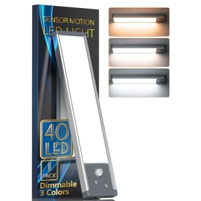 Image of Under Cabinet Lights Rechargeable 40 LED Closet Lights, 3 Color Temperatures Dimmable Motion Sensor Cupboard Wireless Magnetic Night Lighting for Kitchen, Wardrobe, Cupboard, Drawer
