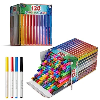 Image of KreativeKraft Colouring Pens Set of 120 Felt Tip for Kids, Teens and Adults 30 Colours Art Supplies, School Supplies Markers Kids Age 3+