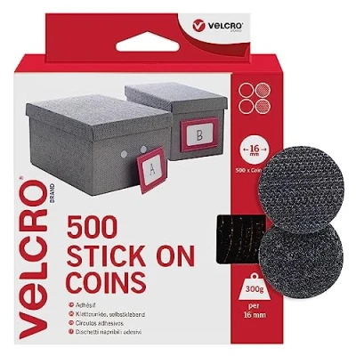 Image of VELCRO Brand Stick On Coins Double Sided Hook &amp; Loop Self Adhesive Sticky Perfect for Room Décor Home, Office, Garage Use Black 16mm x Pack of 500