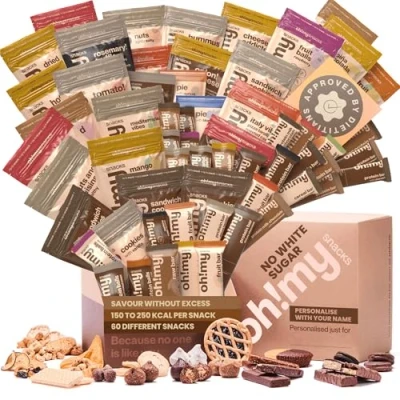 Image of Oh!mysnacks No White Sugar Box Gift Hamper of Healthy Snacks For Adults High Protein with Fiber Snack Bars Low Calorie (60 Snacks)