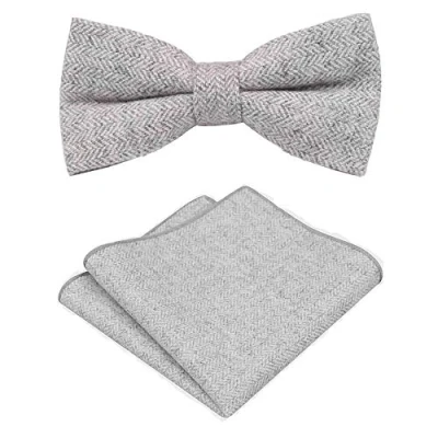 Image of Men&#039;s Luxury Wool Pre tied and Fully Adjustable Bow Tie &amp; Pocket Square Set (Light Grey Herringbone) suitable for formalwear, office, weddings, parties, grooms groomsmen outfits