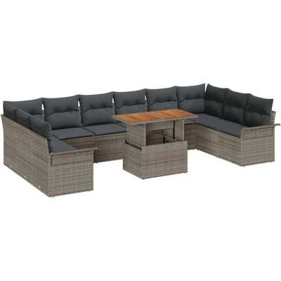 Image of vidaXL 11 Piece Garden Dining Set with Cushions Grey Poly Rattan Acacia