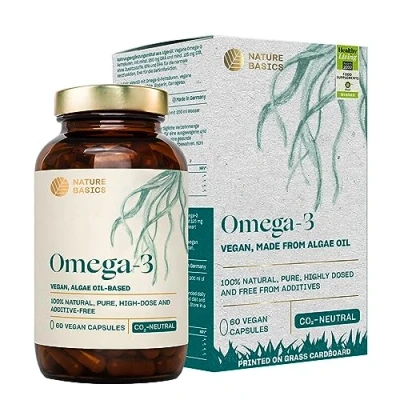 Image of Nature Basics® Algae Oil Omega 3 vegan 60 capsules highly dosed in a jar pure unprocessed certified sustainable &amp; CO2 neutral Per capsule natural 455mg with 30% DHA 15% EPA laboratory tested