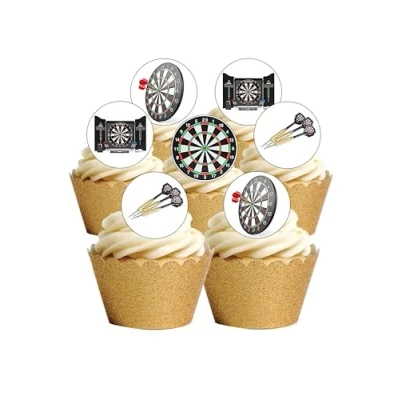 Image of 24 Precut Round Darts Sport Themed Edible Wafer paper Cake Toppers