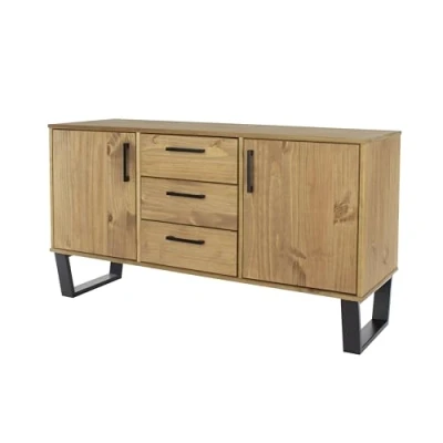 Image of Home Source Large Sideboard Cupboard, 3 Drawer 2 Door Industrial Storage Cabinet, Solid Pine Furniture, Natural