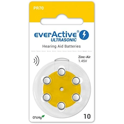 Image of everActive 10, 6 Pack, Hearing Aid Batteries, High Performance, Zinc Air 1 Blister Card, 4 Year Shelf Life, Yellow, Ultrasonic PR70, EVHAB10