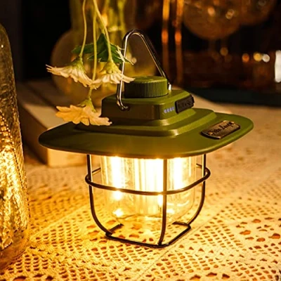 Image of Rechargeable Camping LED Light Dimmable, Retro Lantern with Hook for Outdoor Hiking or Indoor Power Outages (Green)