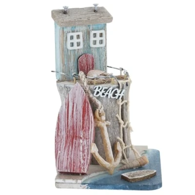 Image of Shudehill Giftware Sandy Bay Standing Beach House Ornament Decoration Rustic Themed Design with Lighthouse, Anchor, Log and More (Log House/Anchor)