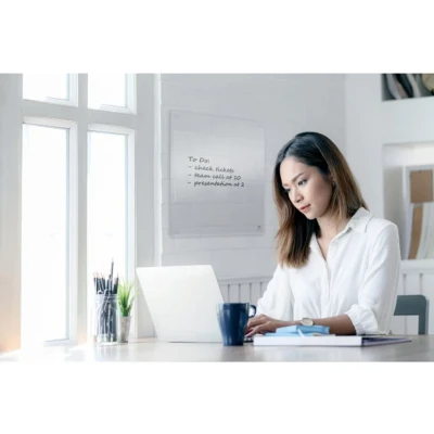 Image of Nobo Transparent Acrylic Mini Desktop or Wall Mounted Whiteboard, Portable, Dry Erase, Frameless, 450 x mm, Includes Marker Pen And Mounting Pads, Clear, 1915617