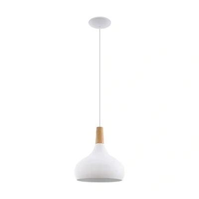 Image of Eglo Sabinar Pendant Light, White Steel and Brown Wood Hanging E27 Socket, Ø: 28 cm (11&quot;)