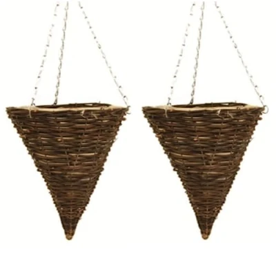 Image of Fyne Finds Set of 2 Cone 30cm, 12inch Dark Brown Wicker Hanging Basket Lined Rattan Willow Planter
