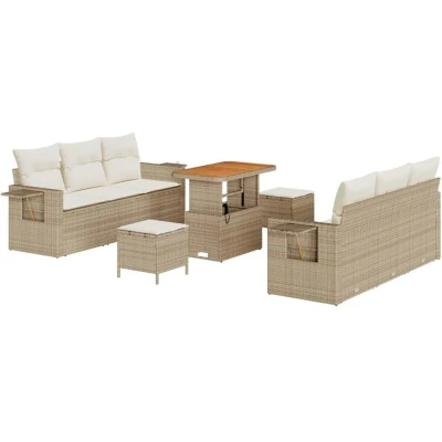 Image of Vidaxl 9 Piece Garden Sofa Set with Cushions Beige Poly Rattan Acacia