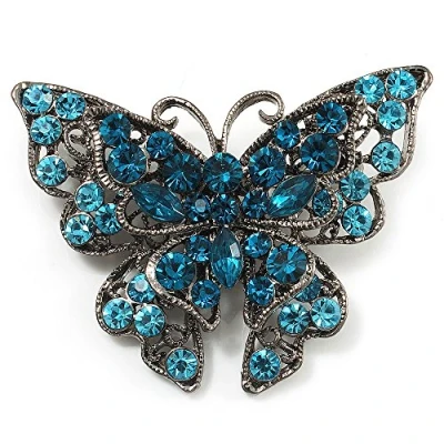 Image of Avalaya Azure Blue Crystal Filigree Butterfly Brooch (Silver Tone)