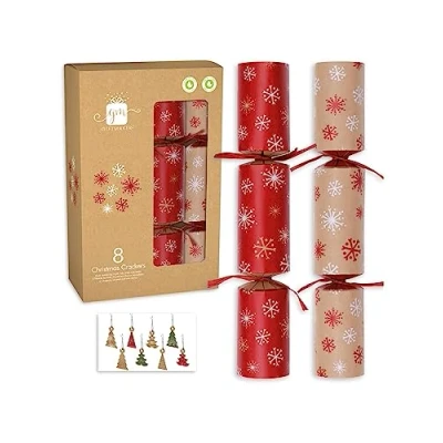 Image of Giftmaker Pack 8 Red &amp; Kraft Brown Snowflake Traditional Family Eco Christmas Crackers