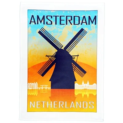 Image of Half a Donkey Vintage Style Amsterdam and Windmill Large Cotton Tea Towel
