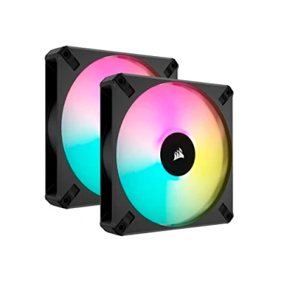 Image of Corsair iCUE AF140 RGB ELITE 140mm PWM Dual Fan Kit Eight LEDs Per AirGuide Technology Fluid Dynamic Bearing Zero RPM Mode Included Lighting Node CORE Controller Black