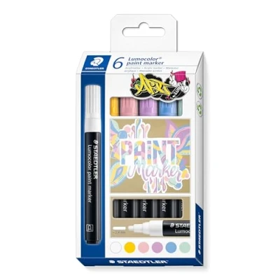 Image of STAEDTLER 349 C6 1 Lumocolor Acrylic Paint Markers, 2.4mm Line Width Assorted Pastel Colours (Pack of 6)