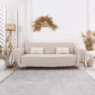 Image of Milam London Sofa Throws Large 3 Seater Cover 100% Cotton Throw Blanket Couch Settee 180 x 300 cm Beige