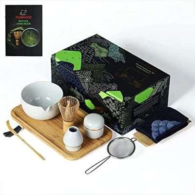 Image of TEANAGOO Japanese Tea Set with Bamboo Tray, Matcha Whisk Set, Bowl Pouring Spout, (Chasen), Scoop (chashaku), Holder, Powder Can. O3, Lt. Grey,