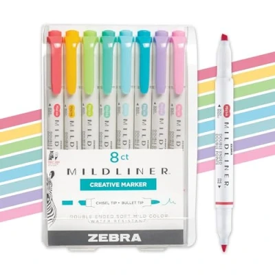Image of Zebra Pen Mildliner Double Ended Highlighter Set, Broad and Fine Point Tips, Assorted Ink Planner Colors, 8 Pack (78108)