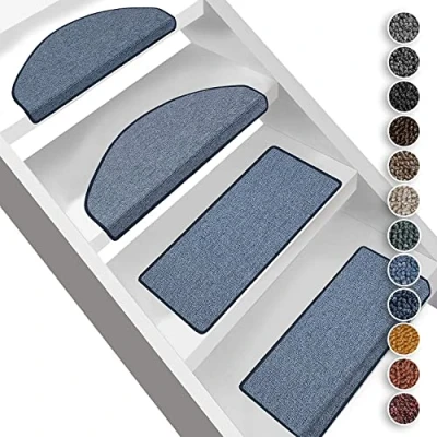 Image of FLODI. Carpet Stair Treads Non Slip, London, Set of 15 Pieces, Step Mats Self Adhesive Staircase Runner Pads (Light Blue, Rectangular 23 x 65 cm)