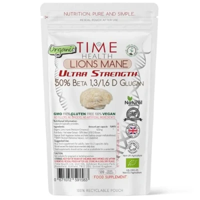 Image of Lions Mane Organic Ultra Strength 50% Beta 1,3/1,6 D Glucan, Pullulan (Hericium Erinaceus ‎) (120 Capsule Pouch)