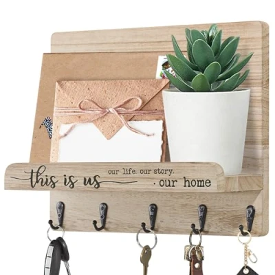 Image of AOAOPQ Farmhouse Key Holder for Wall Wood Mail Organizer Entryway This is Us Shelf with Hooks Easy Hanging