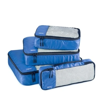 Image of Amazon Basics Packing Cubes for Suitcases, Travel Organisers, Zipper, 4 Piece Set Bags, Large/Medium/Small/Slim, Blue