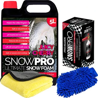 Image of SnowPro Snow Foam Shampoo Car Wash Soap 5L pH Neutral Pre Cherry Fragrance With Microfibre Mitt, Cloth and Lance Gun Kit