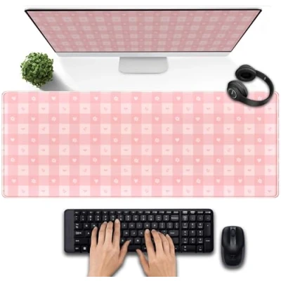 Image of Pink Minimalist Gingham Floral Desk Mat Gaming Mouse Pad Large Cute Pastel Deskmat Kawaii, Women Office Cover Mat, Laptop Computer Keyboard Mousepad Accessories 31.5&quot;x11.8&quot;