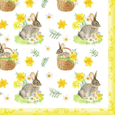 Image of 20 Napkins Easter Bunny on Basket and Flowers as Table Decoration Paper with Motif Also for Decoupage 33 x cm